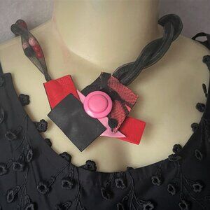 Nita Angeletti OOAK Artisan Modernist PINK RUMBA LEATHER NECKLACE